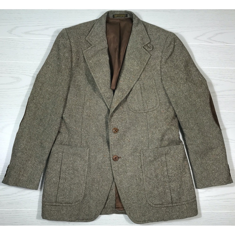 Vintage 70s Wool Blazer Sport Coat Men 40R Dunleith Elbow Patch Academia Dad